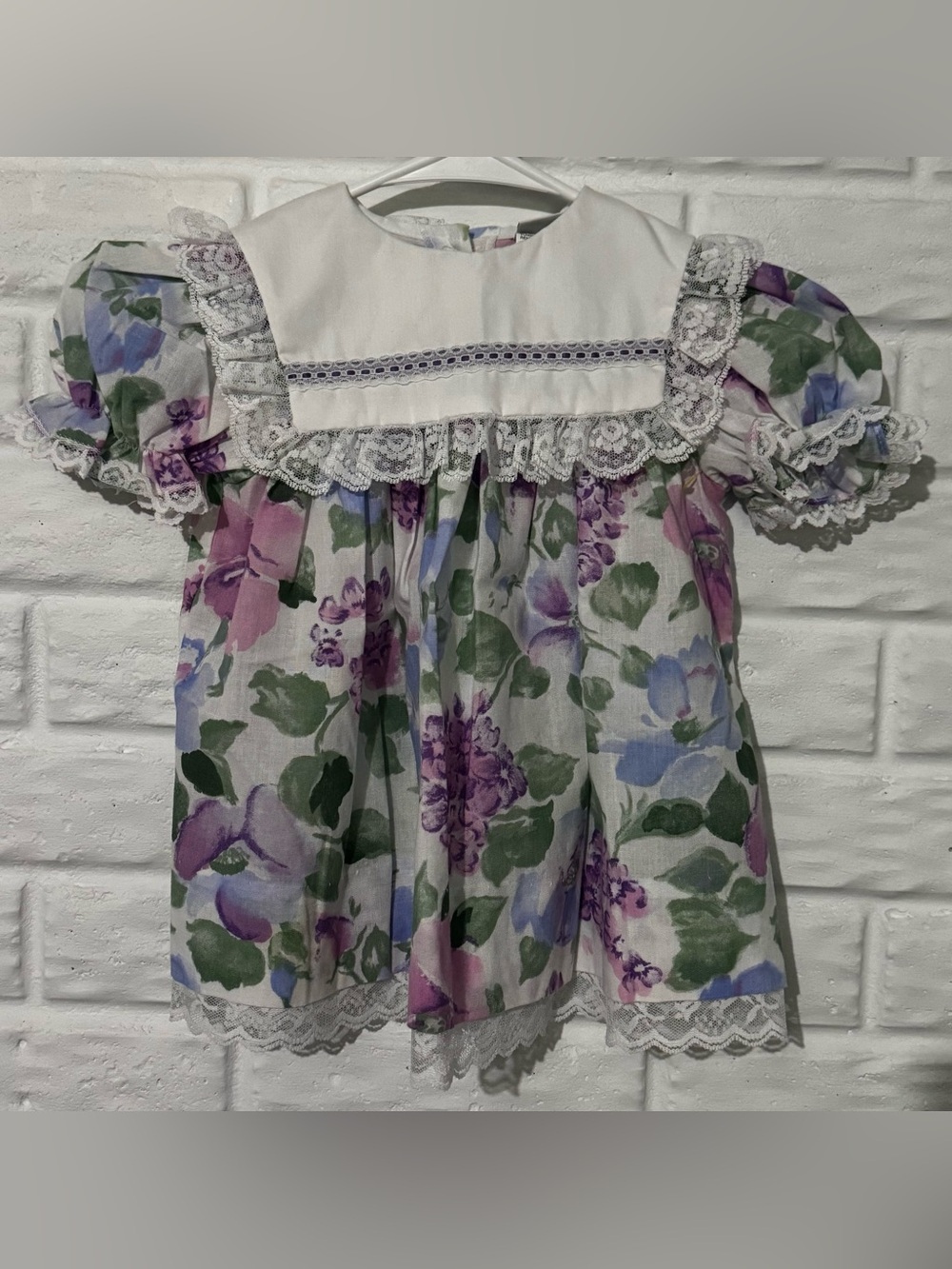 Vintage Bryan Dress Girls 2T Purple Floral Ruffle Collar Hen Lace Bib Trim